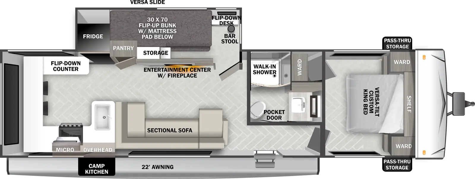 The T29VIEW has one slideout and one entry. Exterior features a 22 foot awning, exterior camp kitchen, and front pass-thru storage. Interior layout front to back: foot facing versa-tilt custom king bed with overhead shelf, wardrobes on each side, and off-door side wardrobe; off-door side full bathroom with walk-in shower and pocket-door entry; entry door outside of bathroom; off-door side slideout with versa slide (a flip-down desk with barstool, and storage cubbies, and flip-up bunk with mattress pad below behind an entertainment center with fireplace), pantry and refrigerator; door side sectional sofa; peninsula kitchen counter with sink wraps to door side with microwave, overhead cabinet and cooktop, and continues to wrap to rear wall and off-door side with dining seating.
